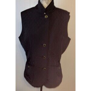 Talbots Black Quilted Vest Corduroy Collar Size Medium Black Gold Buttons